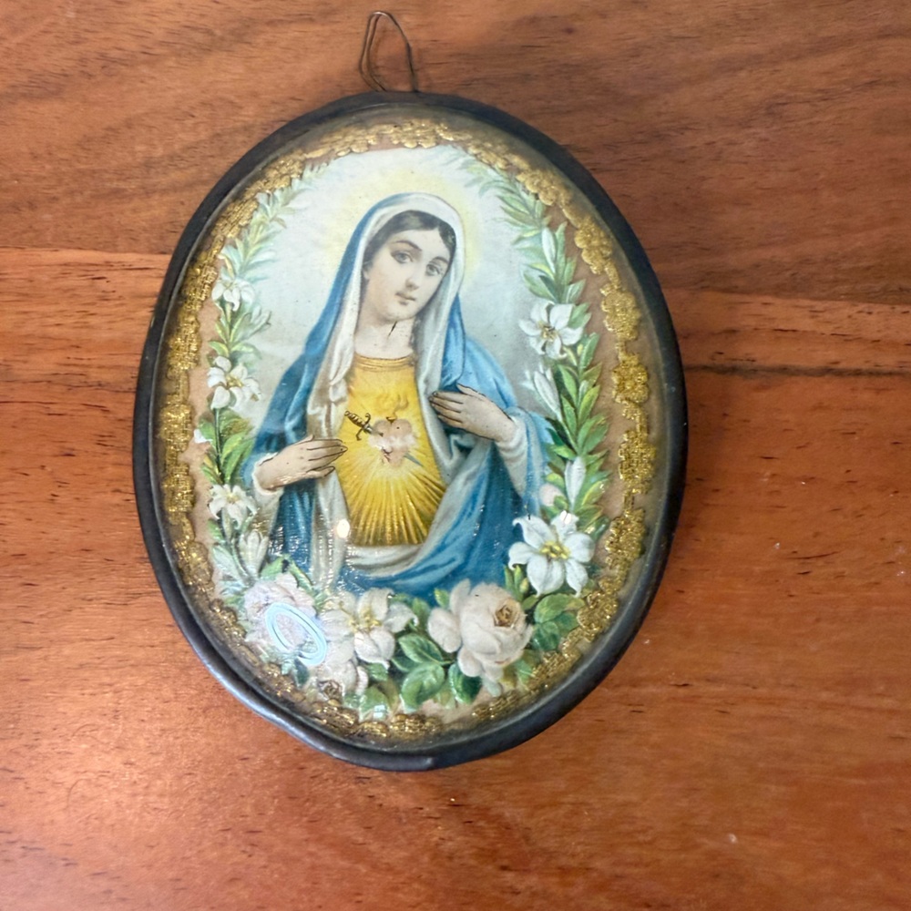 Antique French Religious copper embroidered medalion Holy Virgin Mary pendant